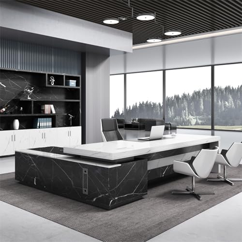 L-Shaped Executive Desk with Charging Station and Storage Shelves W581
