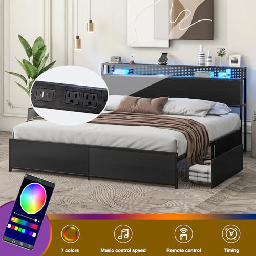 Metal Platform Bed Frame with LED Lights and Storage Drawers C706860