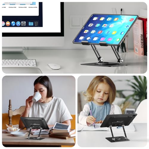 Adjustable Tablet Stand for Desk with 360 Rotating Base, Aluminum, Foldable, White S38174