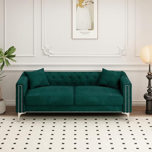 Velvet Upholstered 3-Seater Sofa Couch with Nailhead Decor, Blue O2153