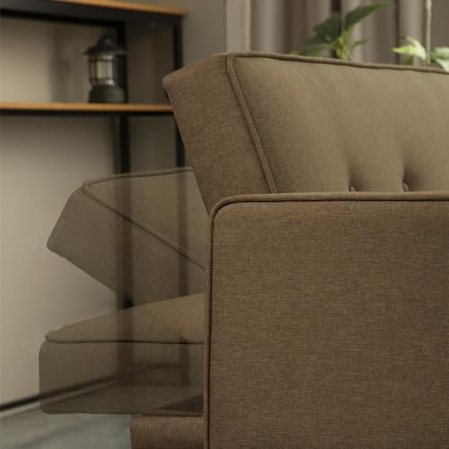 Futon Sofa Bed with Armrests, Folding Sleeper Couch, Solid Wood Legs, Light Grey L24965
