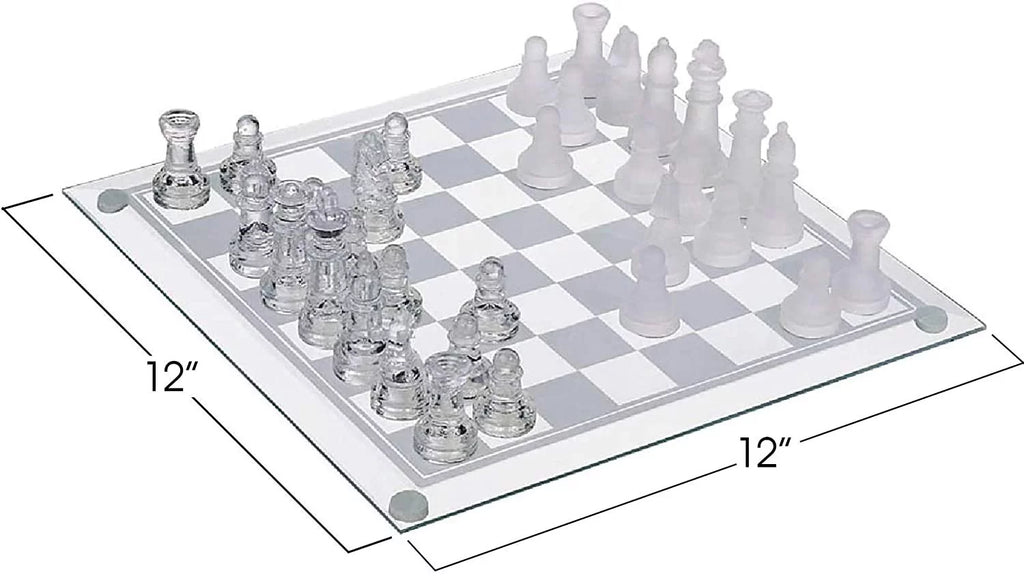 12 inch Glass Chess Set with 32 Frosted Clear Pieces B545