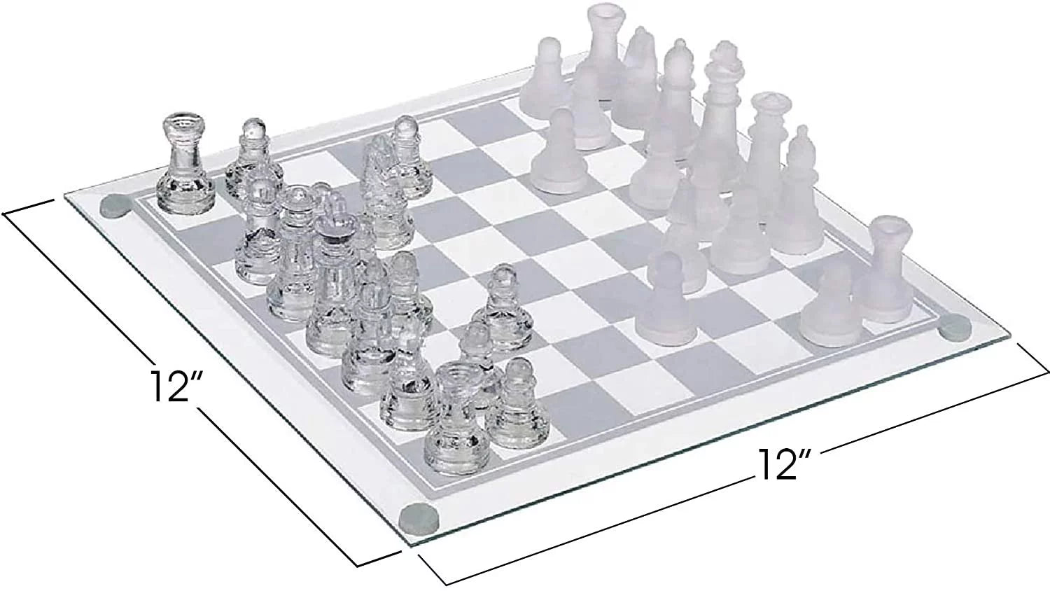 12 inch Glass Chess Set with 32 Frosted Clear Pieces B545