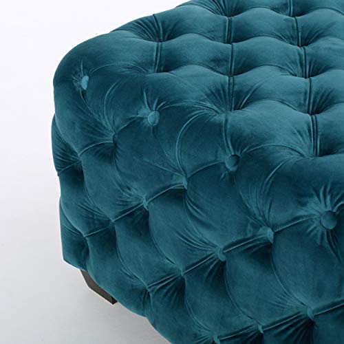 Button Tufted Velvet Ottoman, Dark Teal and Dark Brown B274106