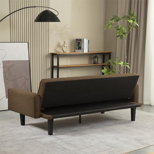 Futon Sofa Bed with Armrests, Folding Sleeper Couch, Solid Wood Legs, Light Grey L24965