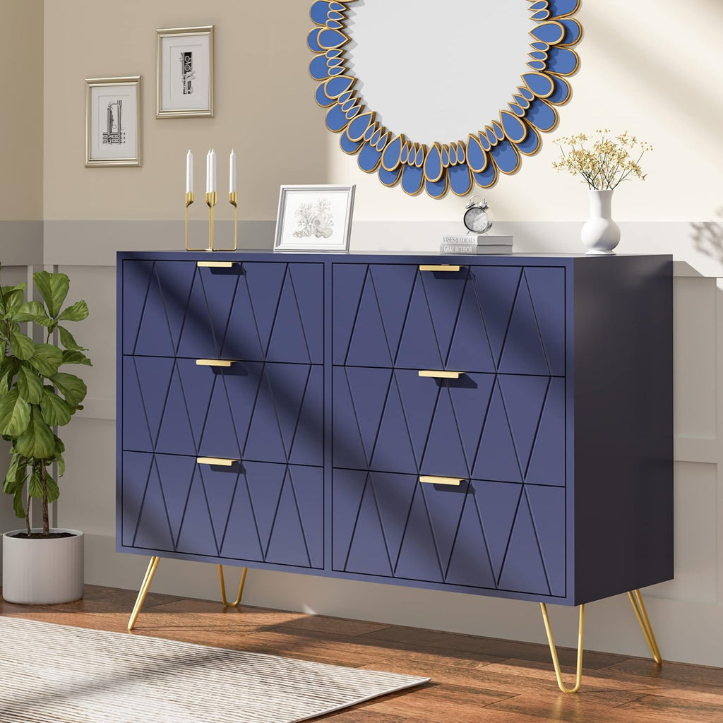 Navy Blue 6 Drawer Dresser for Bedroom with Gold Handles L6720