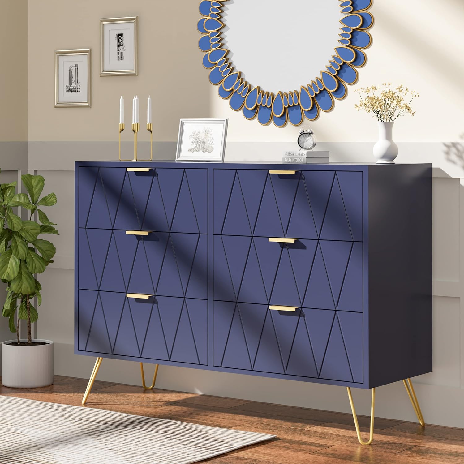Navy Blue 6 Drawer Dresser for Bedroom with Gold Handles L6720