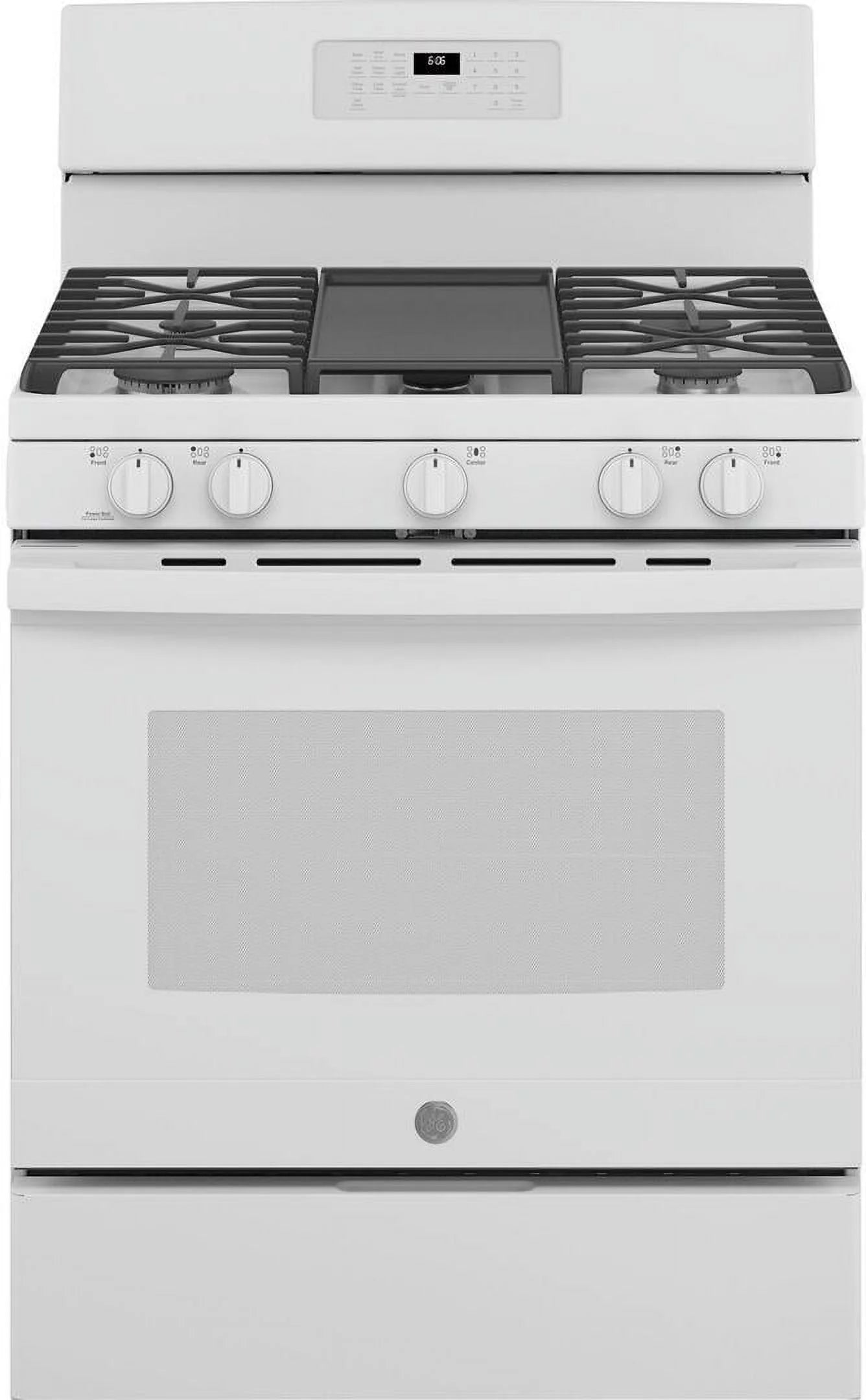 JGB660DPWW 30 inch ; White Gas Range with 5 cu. ft. Capacity; 5 Burners; Continuous Cast Iron Grates and Storage Drawer