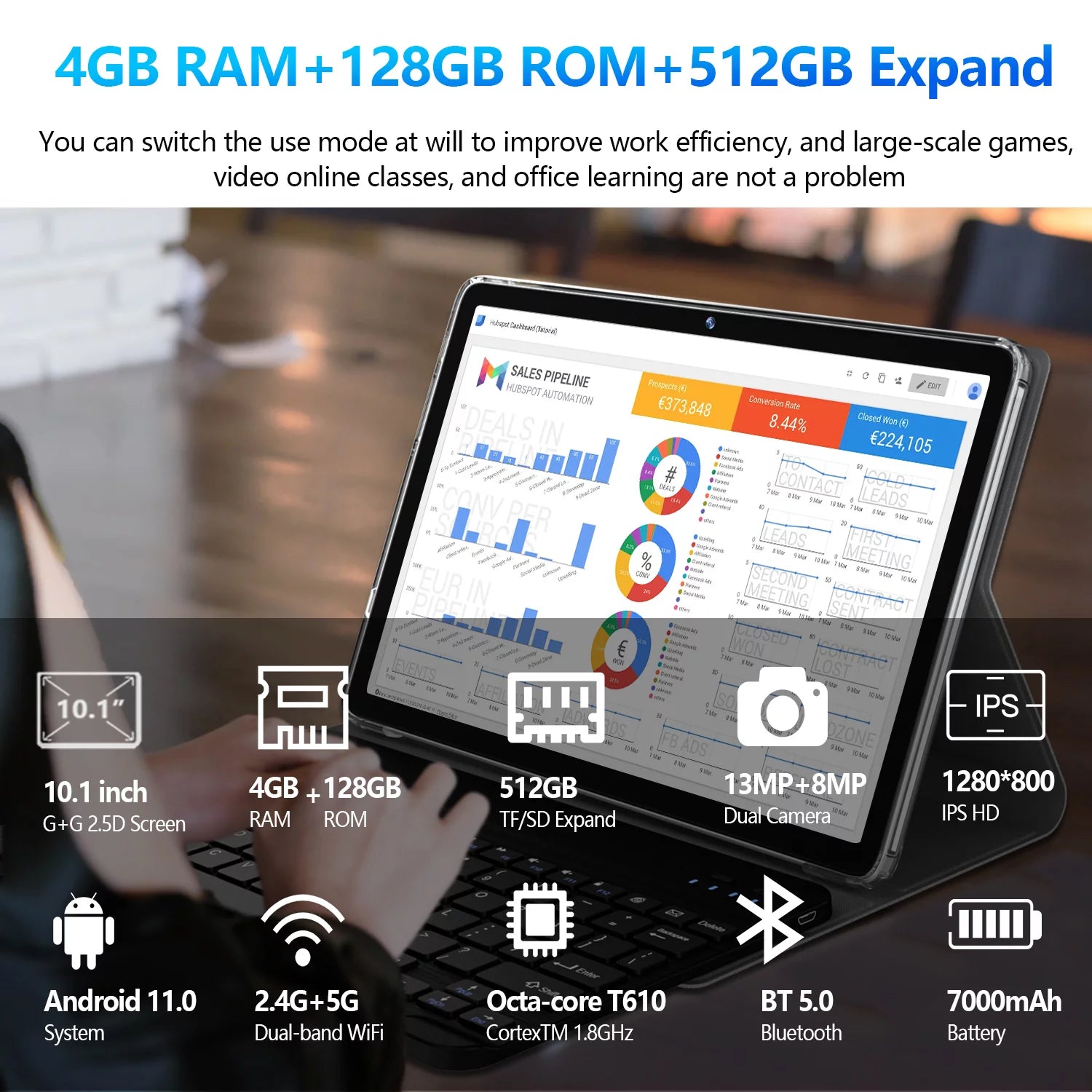 10.1 inch Android Tablet with Keyboard, 128GB, Octa-Core, Dual Camera P70565