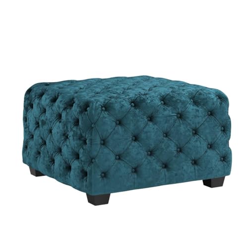 Button Tufted Velvet Ottoman, Dark Teal and Dark Brown B274106