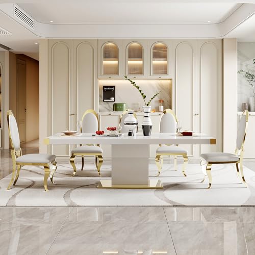 78" Dining Table Set for 8 with Gold Finish and PU Leather Chairs Q832
