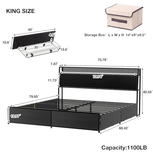 Metal Platform Bed Frame with LED Lights and Storage Drawers C706860