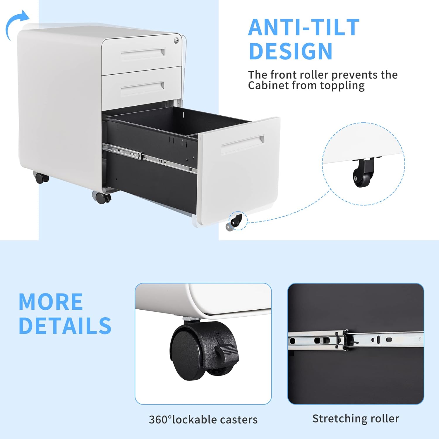 3 Drawer File Cabinet with Lock, Mobile, White N651