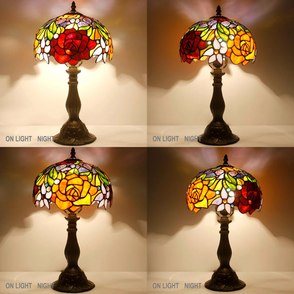 Stained Glass Table Lamp with Red Rose, 18" Tall Desk Reading Light M43378