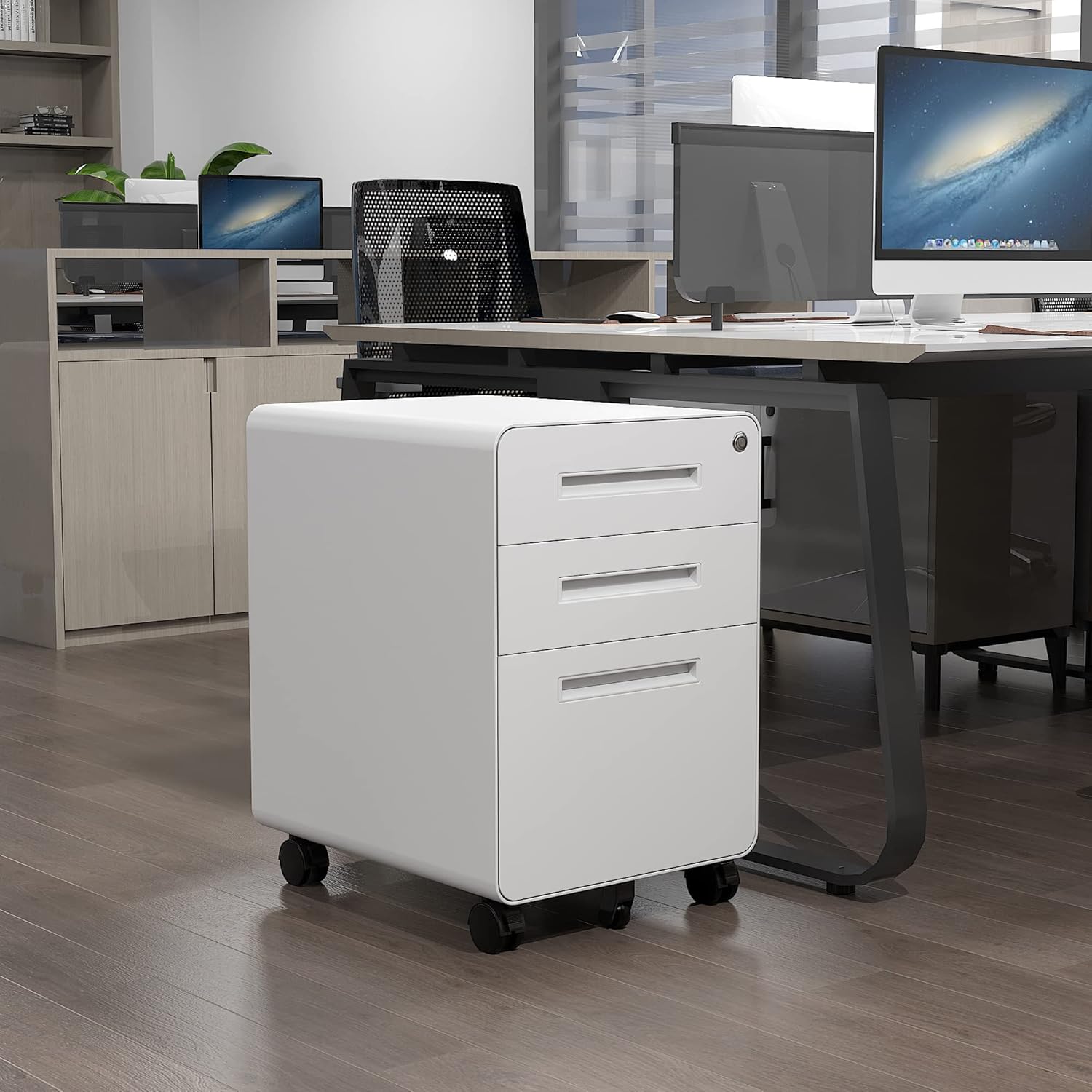 3 Drawer File Cabinet with Lock, Mobile, White N651