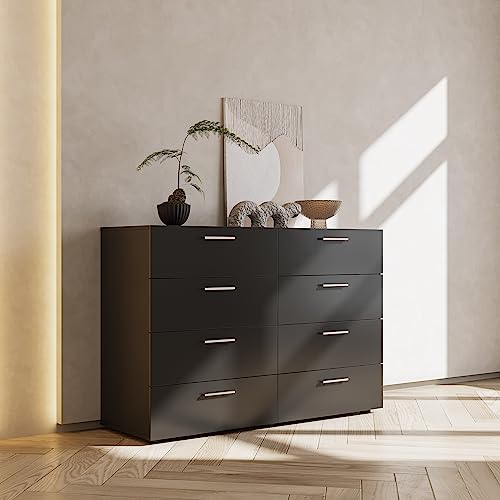 8 Drawer Double Dresser for Bedroom, Modern Black with Metal Handle S28707