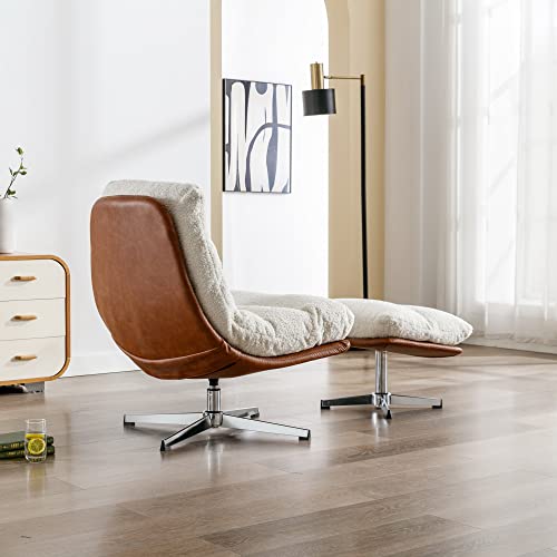 Accent Swivel Lounge Chair with Ottoman, Linen Upholstered, Ivory M878449