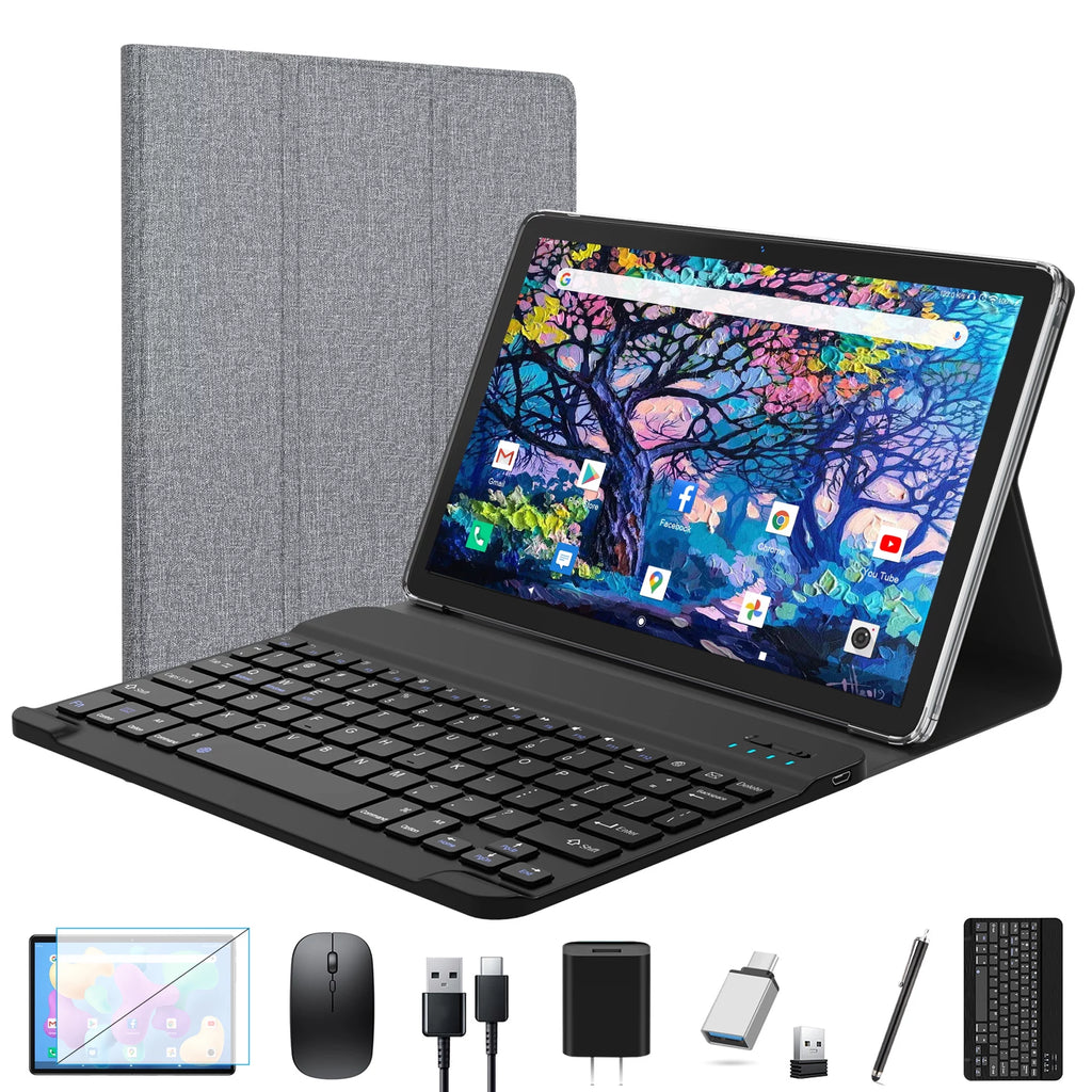 Android 12 Tablet 10.1 inch 128GB Tablet, 2024 Latest Update Octa-Core with Keyboard, Dual 13MP+8MP Camera, 5G WiFi, Bluetooth, GPS, IPS Full HD Display, Gray
