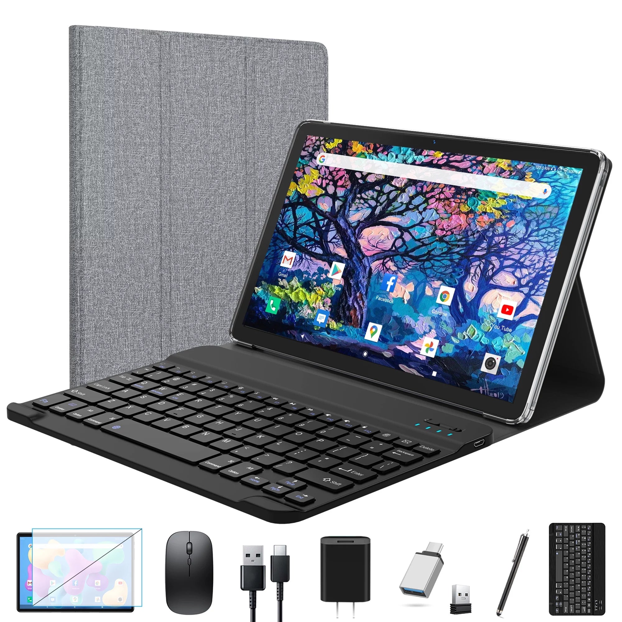 Android 12 Tablet 10.1 inch 128GB Tablet, 2024 Latest Update Octa-Core with Keyboard, Dual 13MP+8MP Camera, 5G WiFi, Bluetooth, GPS, IPS Full HD Display, Gray