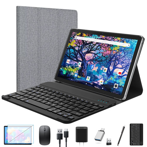 Android 12 Tablet 10.1 inch 128GB Tablet, 2024 Latest Update Octa-Core with Keyboard, Dual 13MP+8MP Camera, 5G WiFi, Bluetooth, GPS, IPS Full HD Display, Gray