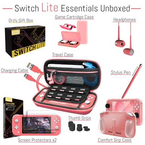 Switch Lite Accessories Bundle with Case, Screen Protector, USB Cable, Games Holder, Grip Case, Headphones, Thumb-Grip Pack K6558