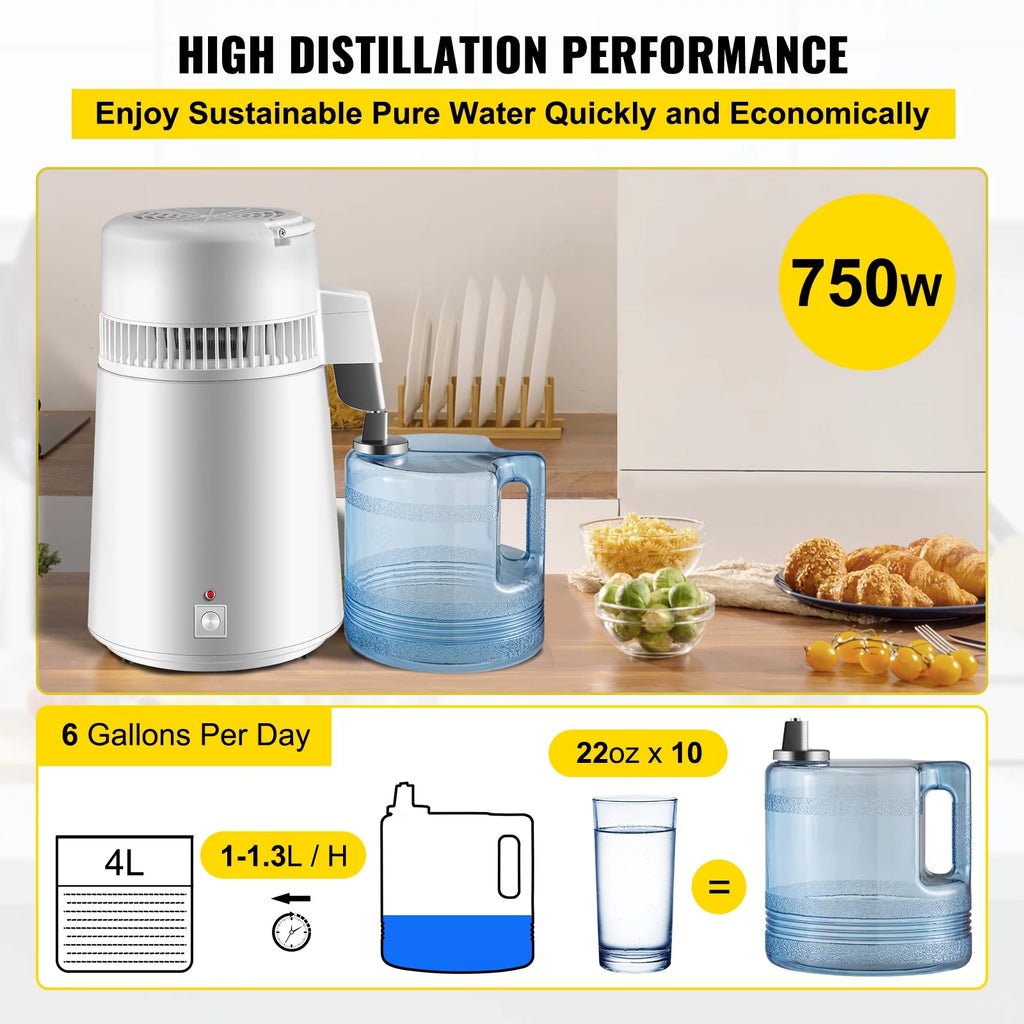Pure Water Distiller 750W, 1.1 Gal / 4L, BPA Free Container G57642