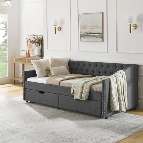 Queen Size Daybed Frame with 2 Storage Drawers, Upholstered Sofa Bed, No Box Spring Needed Q78170