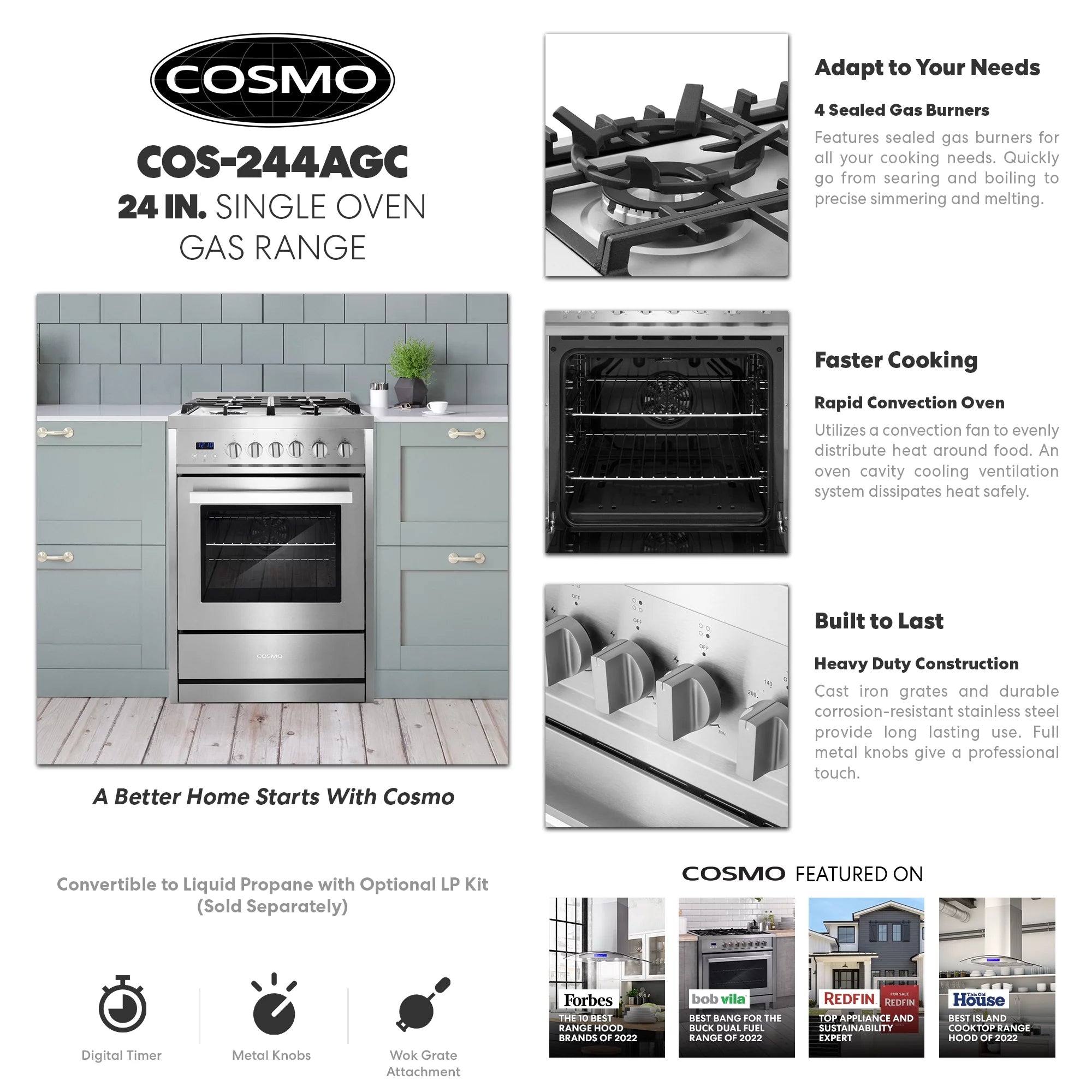 Gas Range Kitchen Stove with 4 Burner Cooktop, Stainless Steel F463
