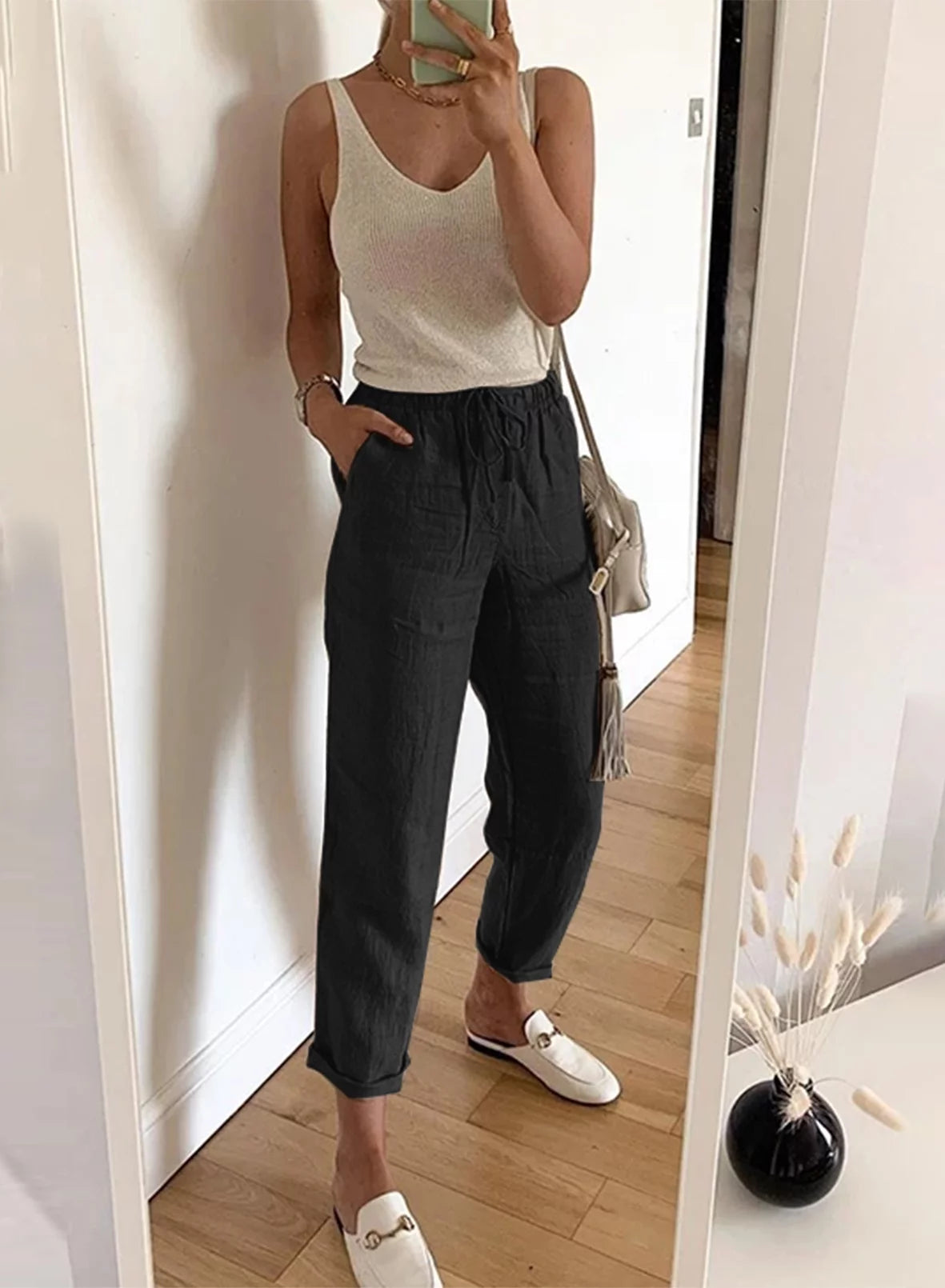 Linen Pants for Women Straight Leg Elastic Waist with Pockets W1755