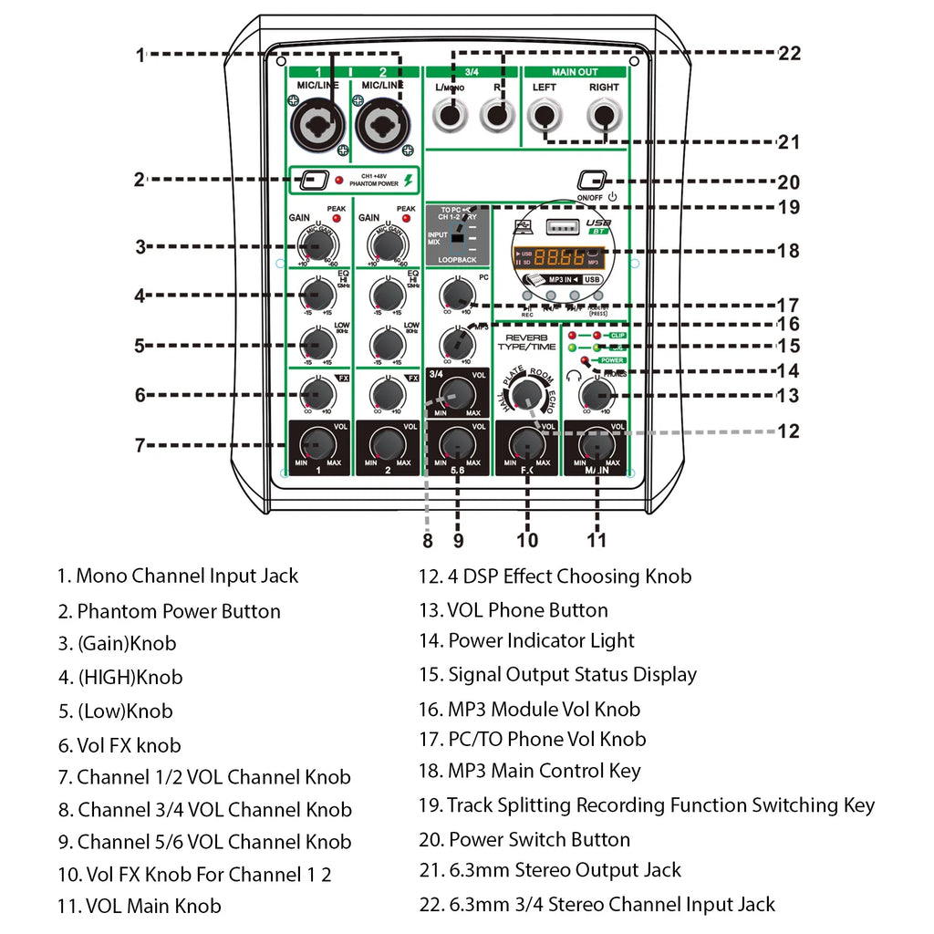 6 Channel USB Audio Mixer with MP3 and Bluetooth I513