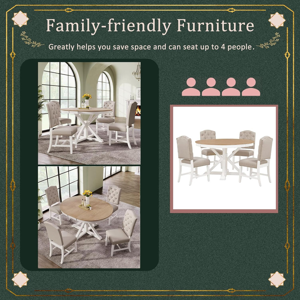 Retro Extendable Dining Table Set with 4 Upholstered Chairs, Oak and Off White S45665