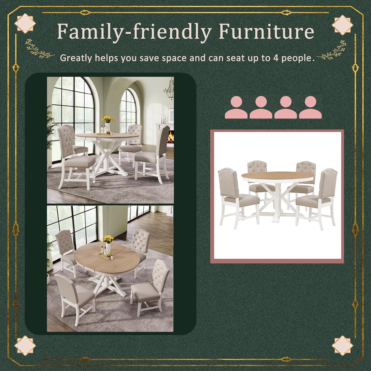 Retro Extendable Dining Table Set with 4 Upholstered Chairs, Oak and Off White S45665