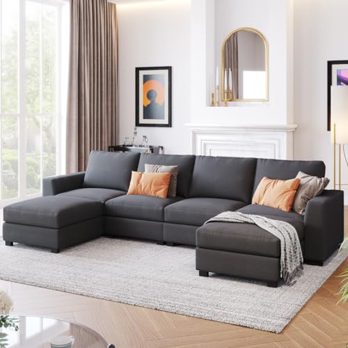 TRIPLE TREE Large U-Shaped Sectional Sofa Couch Sets with Removable Ottomans for Living Room, 131" Polyester Upholstered Couch, Modern 6 Seater Sofa Couches for Apartment Office, Gray