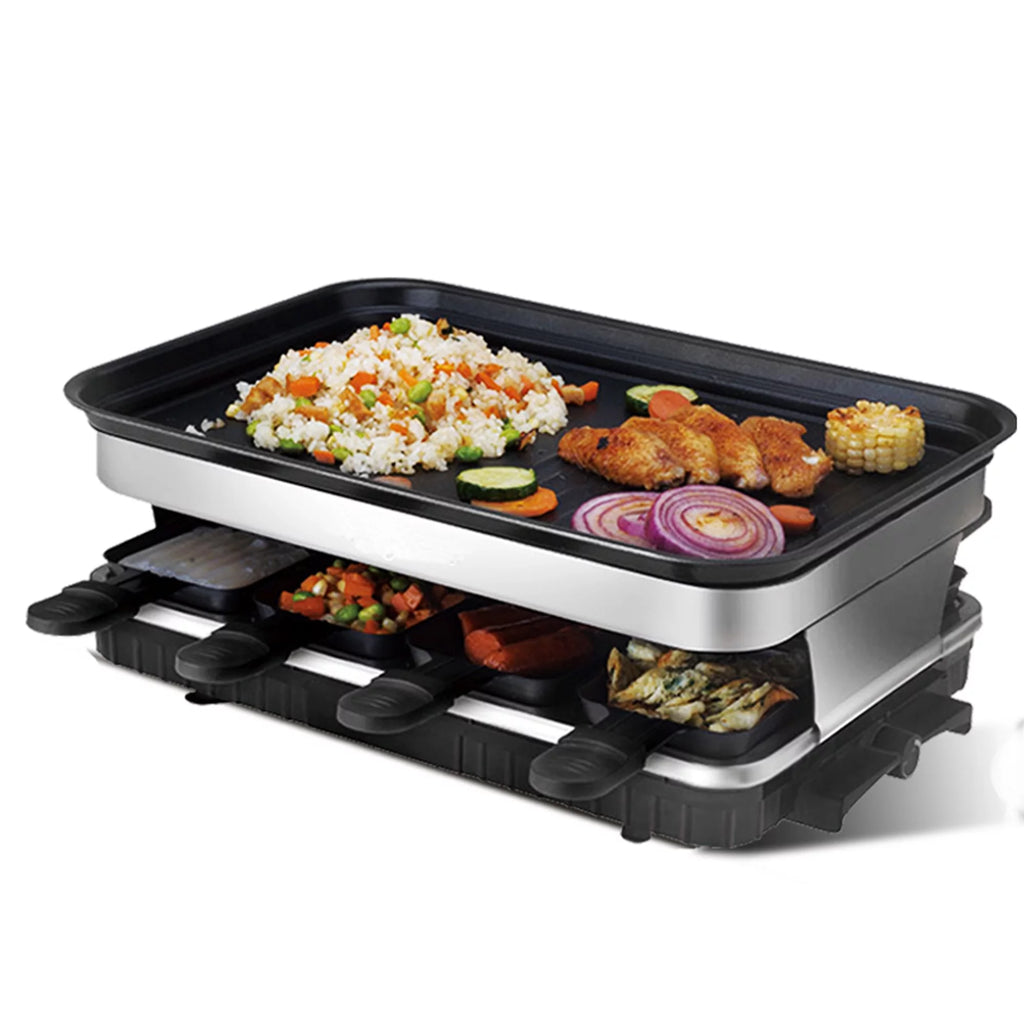 Mino Kesper 2 in 1 Electric Raclette Grill Plate W/ 8 Mini Pans BBQ, 1500W