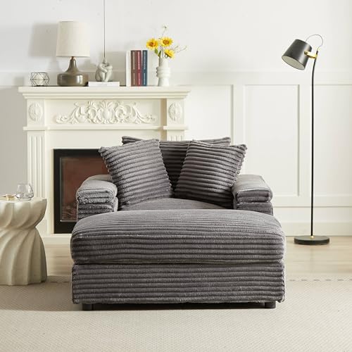 Corduroy Sofa Couch with 2 Ottomans, 86.6 Inch, 3 Seater, Grey K8893