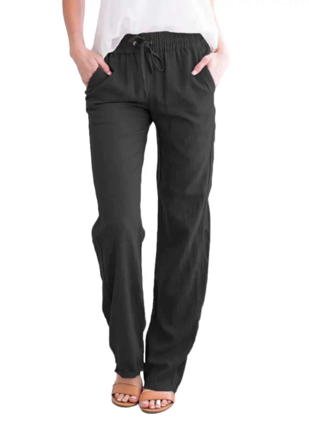 EVALESS Linen Pants for Women Straight Leg Elastic Waist Casual Pants with Pockets Comfy Black Work Pants 2XL US 20-22