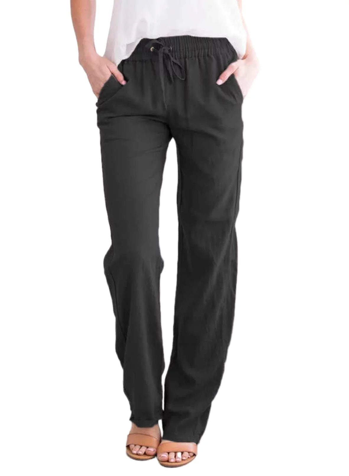 EVALESS Linen Pants for Women Straight Leg Elastic Waist Casual Pants with Pockets Comfy Black Work Pants 2XL US 20-22