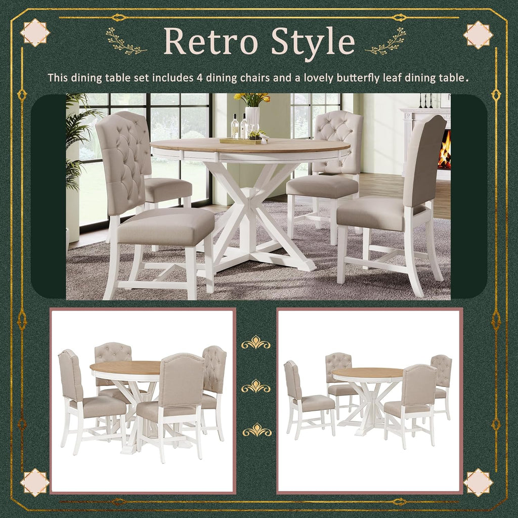 Retro Extendable Dining Table Set with 4 Upholstered Chairs, Oak and Off White S45665