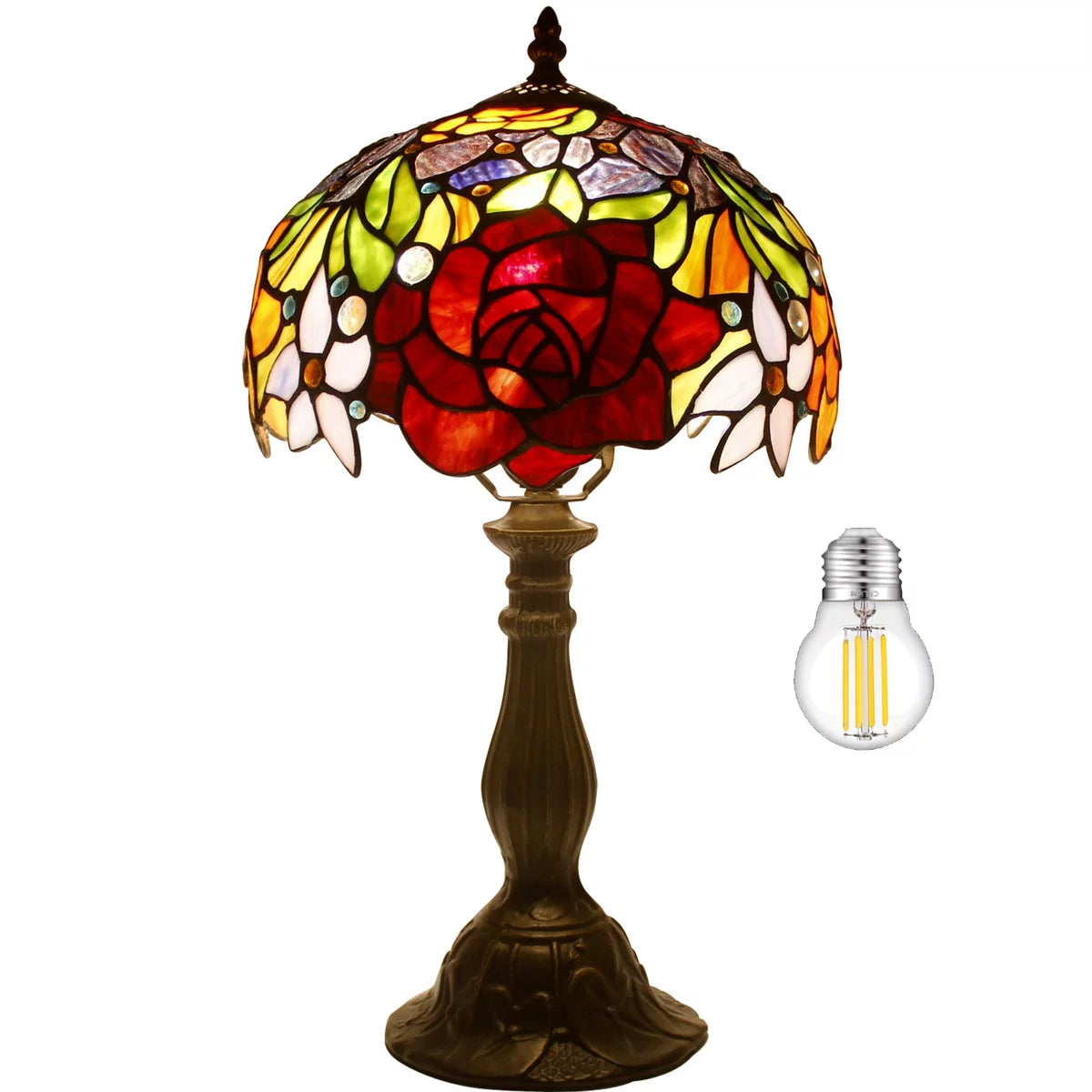 Stained Glass Table Lamp with Red Rose, 18" Tall Desk Reading Light M43378