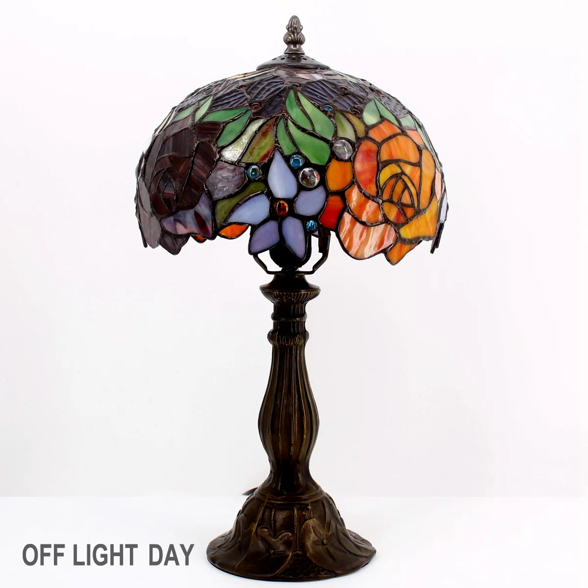 Stained Glass Table Lamp with Red Rose, 18" Tall Desk Reading Light M43378