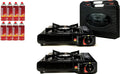 Set of 2 Portable Butane Gas Stoves & 8 pack Butane Canister Complete Set With Carrying Case - Full Stainless Steel Body Electronic Ignition for Outdoor Camping Tailgating Backyard
