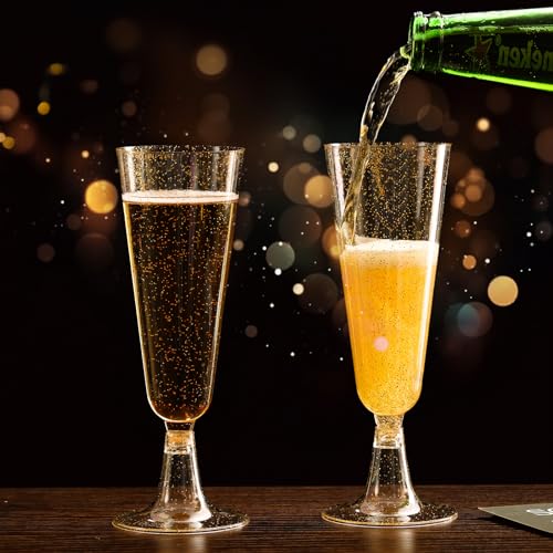 Champagne Flutes Plastic 40 Pcs Gold Glitter Disposable Wedding Party Cups Q321173