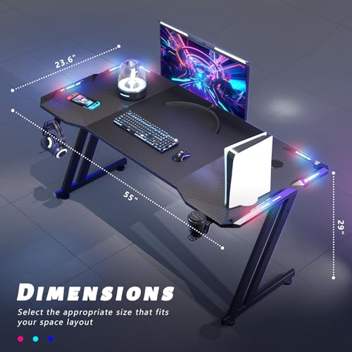 Gaming Desk with LED Lights Carbon Fibre Surface Computer Desk T641