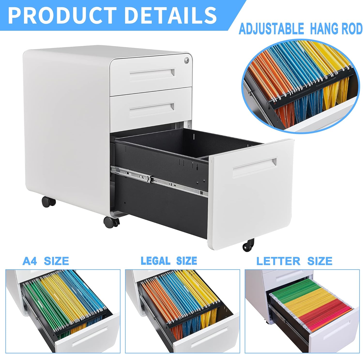 3 Drawer File Cabinet with Lock, Mobile, White N651