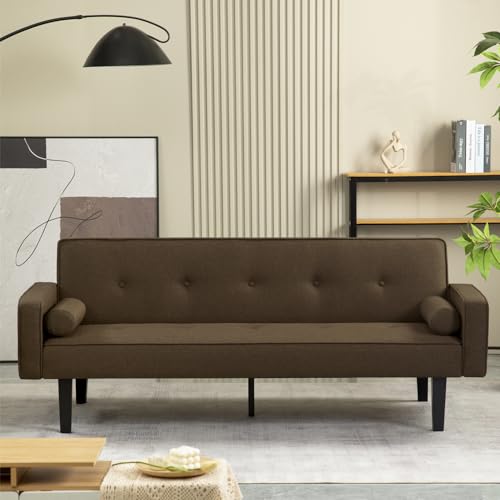Futon Sofa Bed with Armrests, Folding Sleeper Couch, Solid Wood Legs, Light Grey L24965