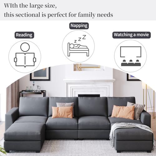 Large U-Shaped Sectional Sofa with Removable Ottomans, 131" Polyester, Gray N682884