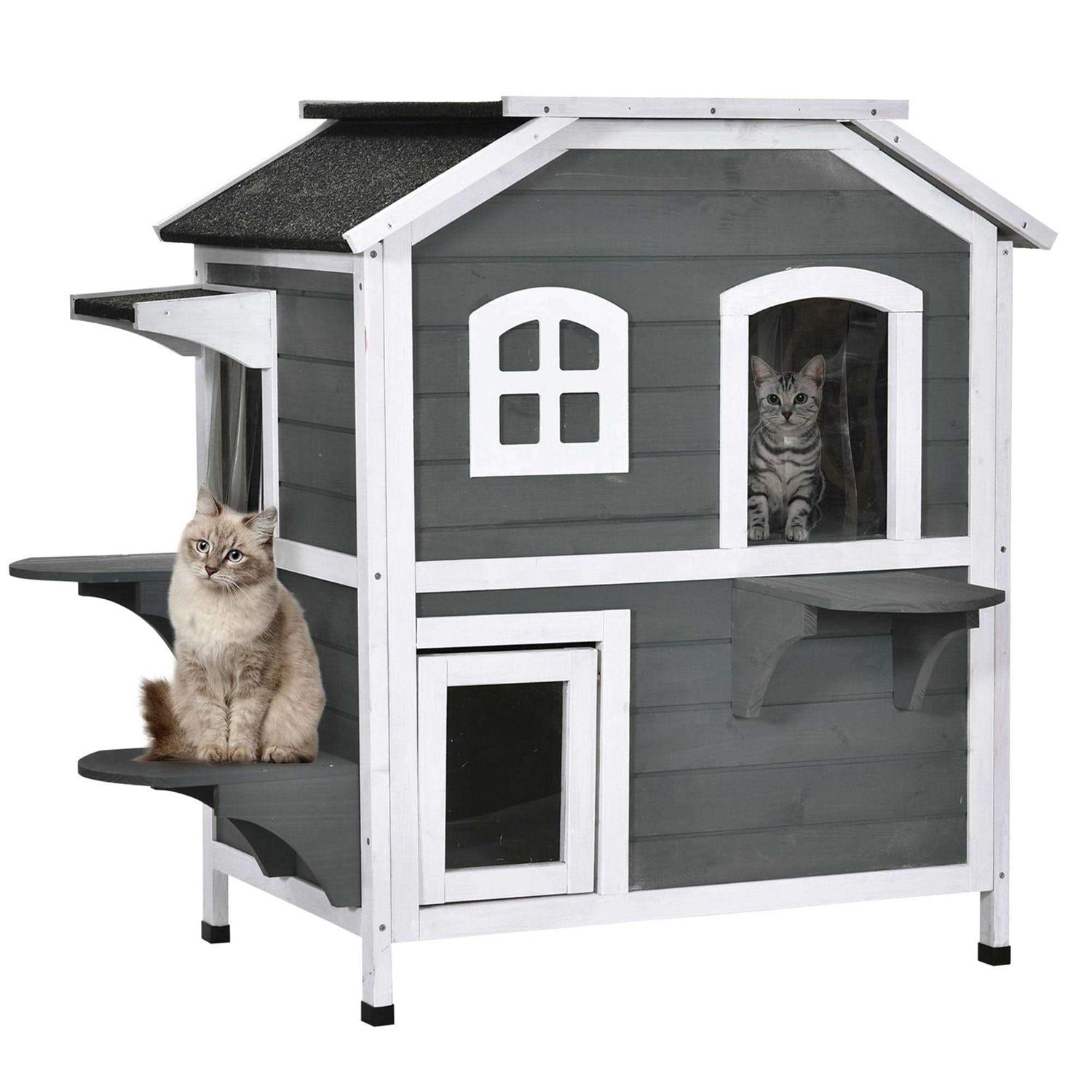 Wooden 2-Story Outdoor Cat House with Escape Door and Openable Roof Platforms R11509