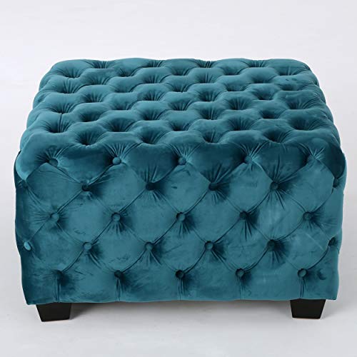 Button Tufted Velvet Ottoman, Dark Teal and Dark Brown B274106