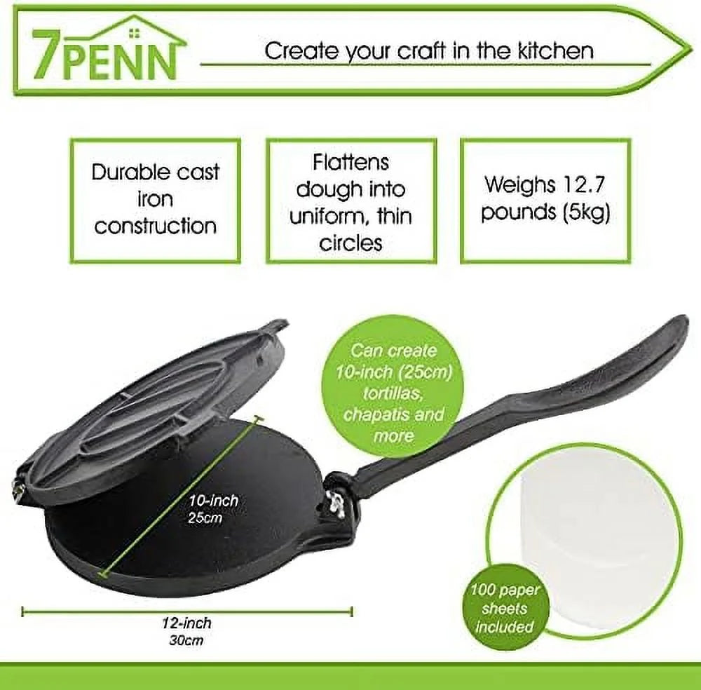 Cast Iron Tortilla Press 10 Inch with 100 Cooking Sheets E460