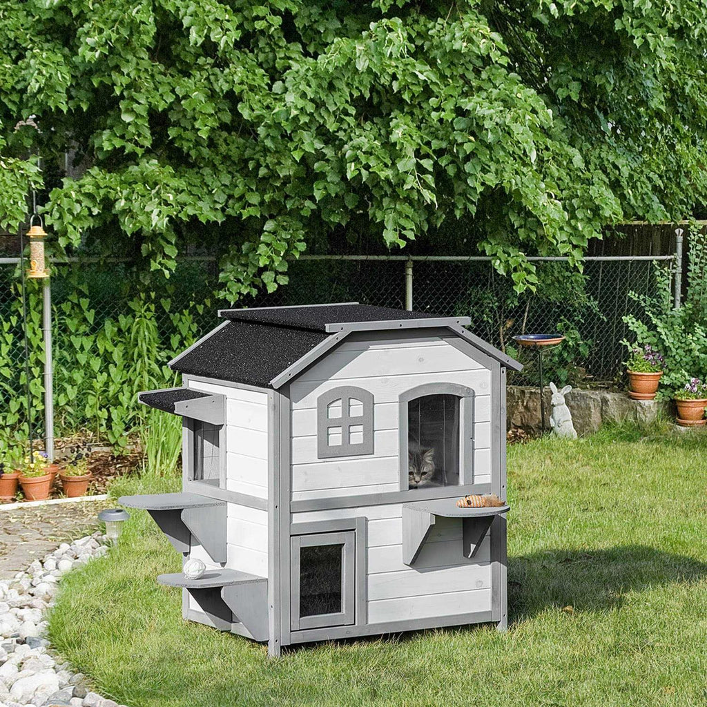 Wooden 2-Story Outdoor Cat House with Escape Door and Openable Roof Platforms U6707